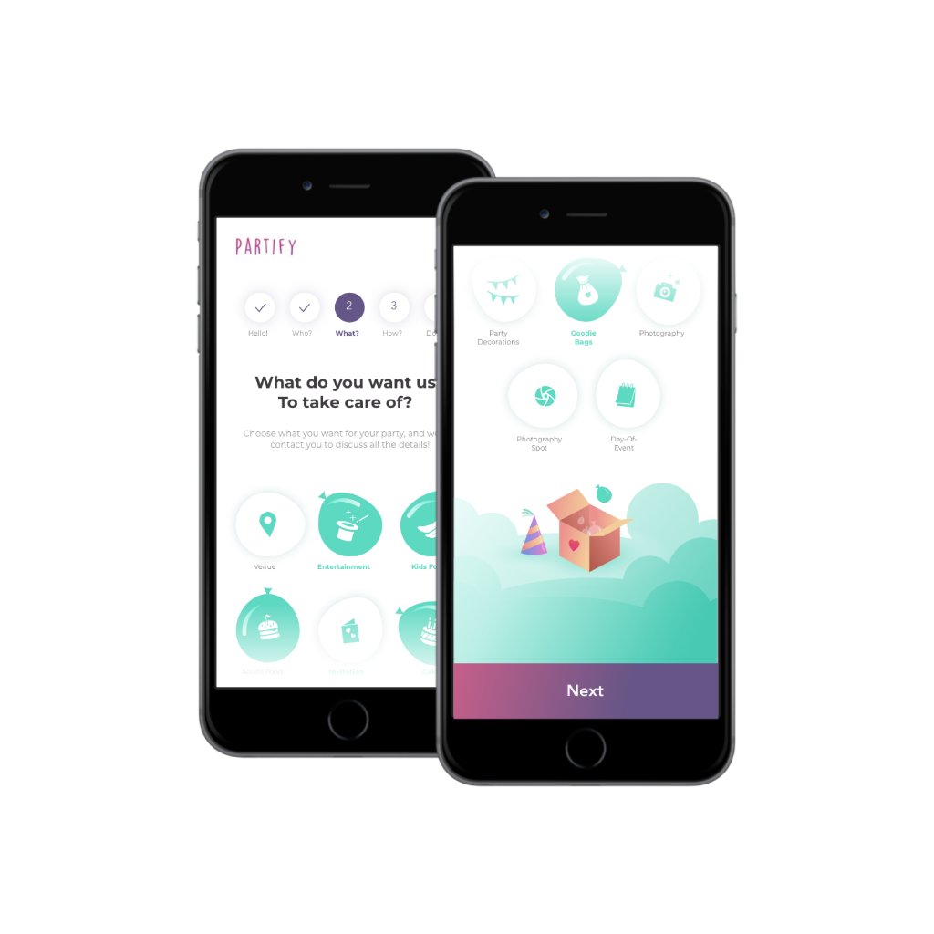 Partify on two phones: a party checklist and a screen for decorations, bags, and photography