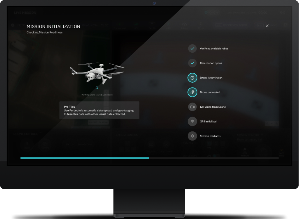 Mission initialization: the drone turns on, connects, and the checklist moves toward mission readiness