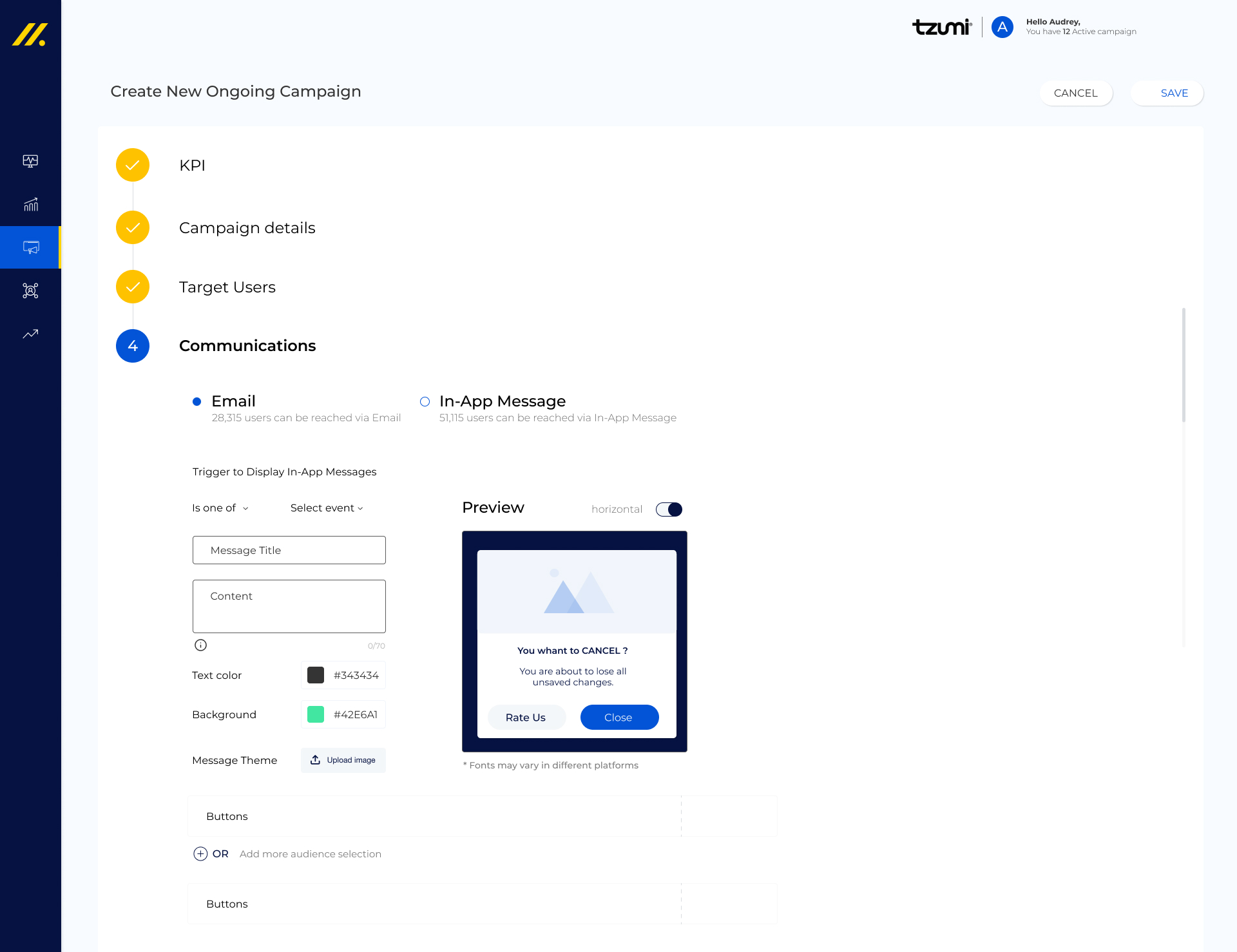 Campaign builder canvas — Audience node connected to message channel, with Tools panel (Email, In-App) and Actions palette (Timer, Yes/No Branch, Trigger, End) on the right