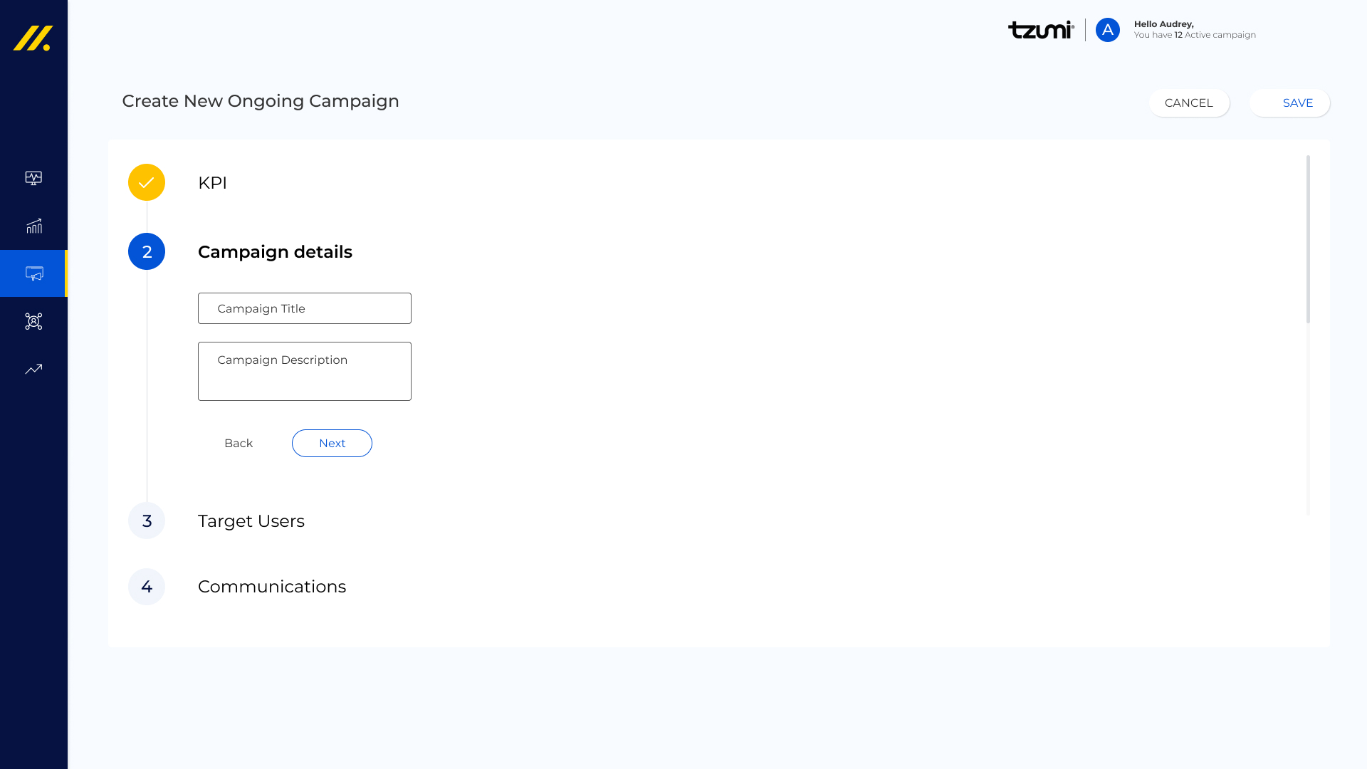Campaigns table — Name, Start Date, Status, KPI, Tag, Type, Audience, Impressions, CTR columns with row-level hover actions