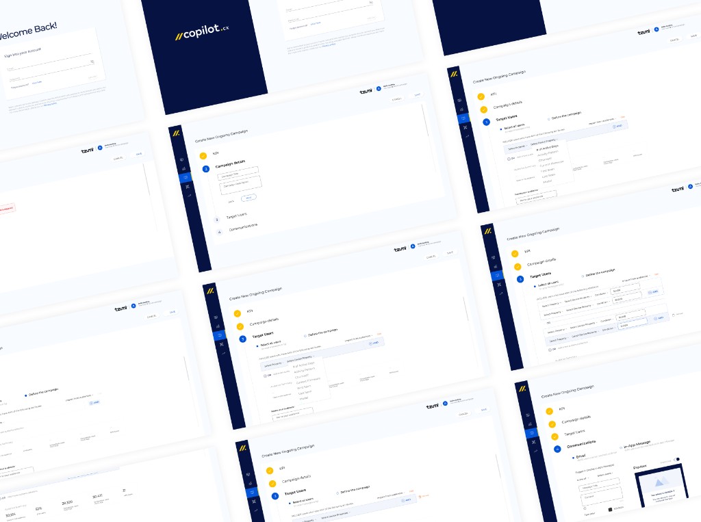 Copilot.cx product screens — login, campaign builder KPI and details, target users segmentation, and communications channel selection in a tiled gallery