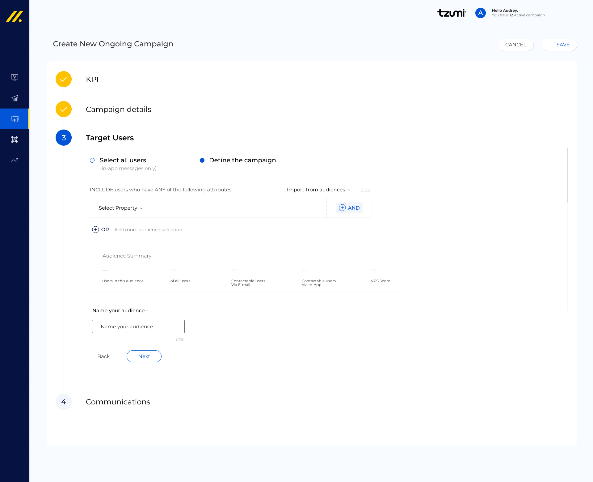 Target Users step — audience segmentation with User Properties, Device Properties, User Events, Device Events filters and live audience size preview