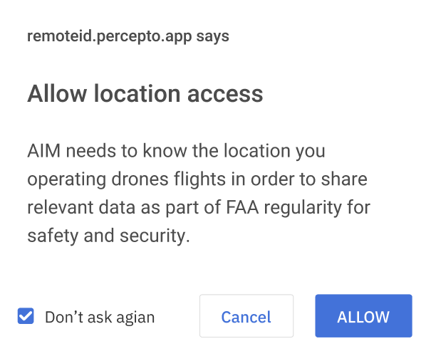Browser dialog: remoteid.percepto.app requests Allow location access with explanation and Cancel and Allow