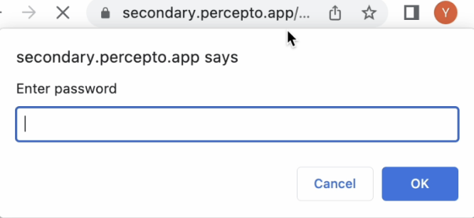 Browser prompt from secondary.percepto.app asking Enter password with OK and Cancel
