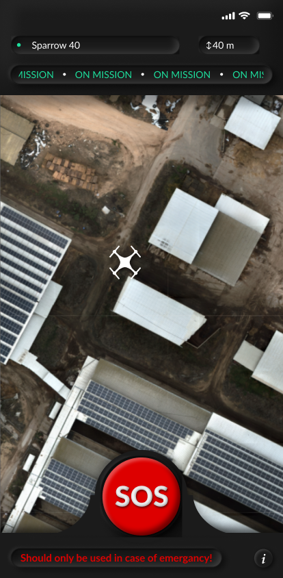 Secondary mobile interface: map with drone, mission on, SOS control