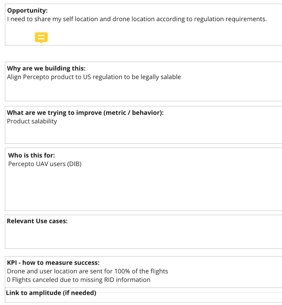 Discovery brief: opportunity statement, salability goal, KPIs for Remote ID compliance