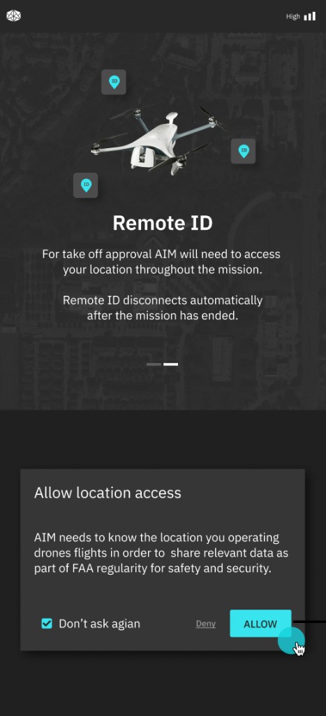 Wizard step 2: Remote ID education and Allow location access modal with Allow and Deny