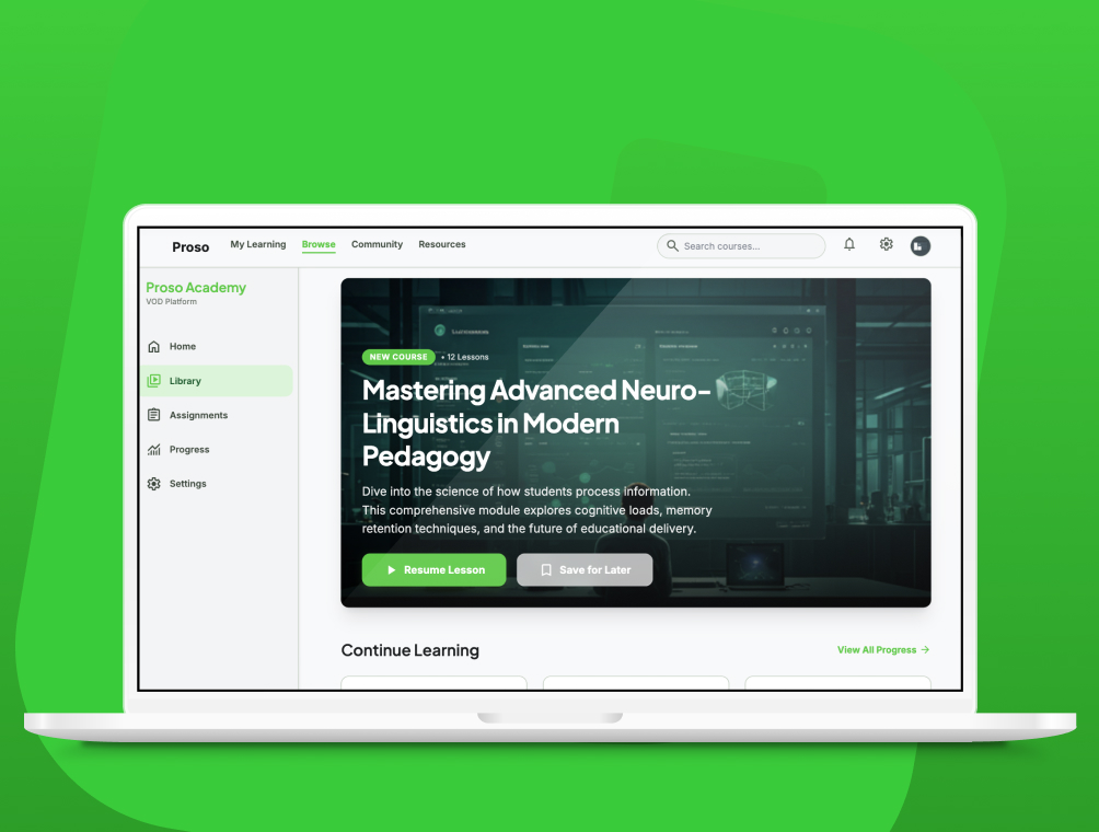 Proso Academy VOD platform on laptop — library dashboard with featured neuro-linguistics course, continue learning, and green-branded navigation